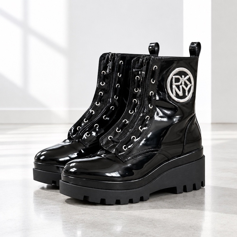 DKNY Bjourn Black Patent Leather Platform Combat Boots Lug Sole Silver Logo 8